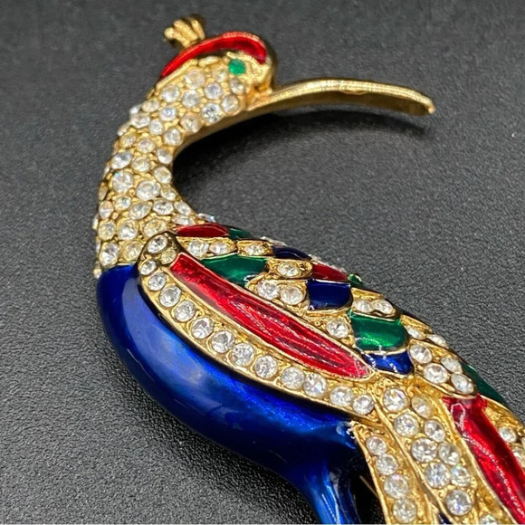 Colorful Bird Brooch In Blue, Red, Green Enamel and Sparkly Rhinestones in Gold - Picture 6 of 16